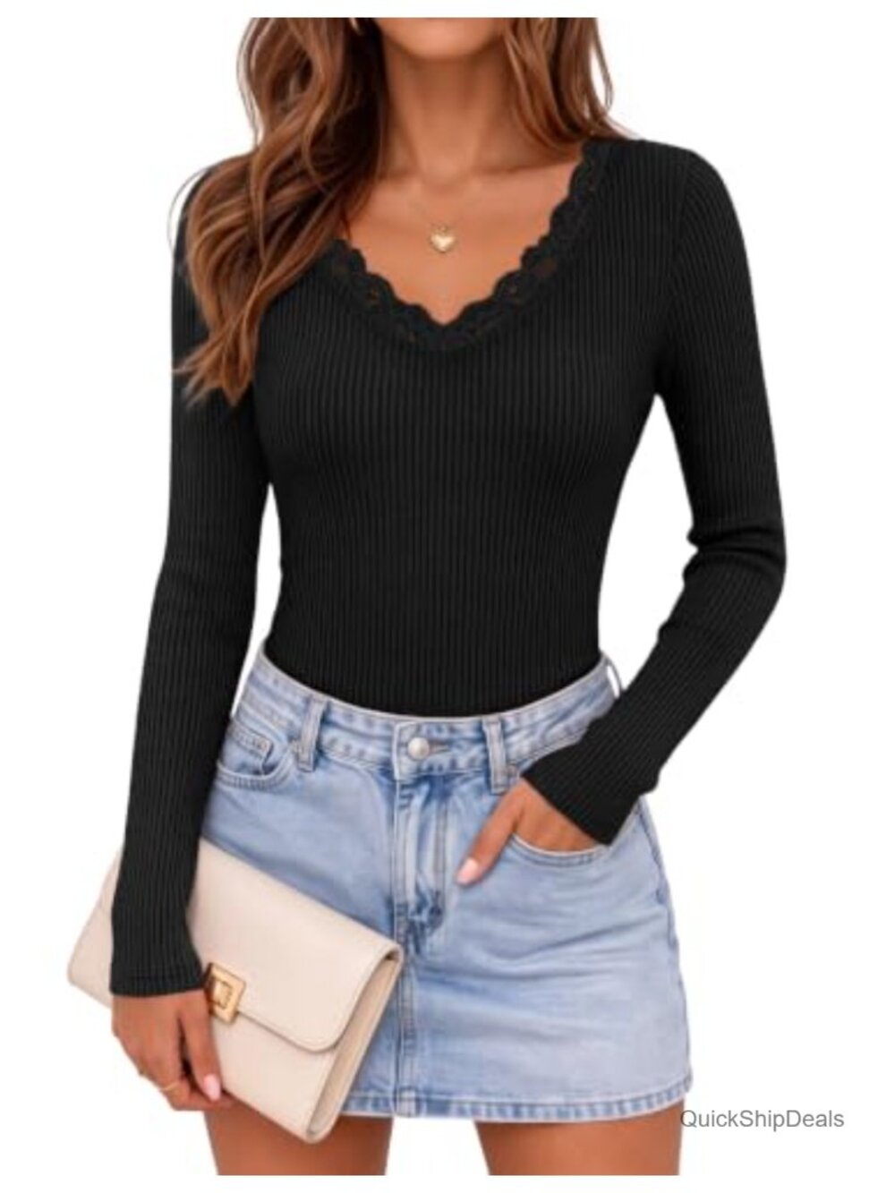Women's Lace V Neck Long Sleeve Top Slim Fit Ribbed Knit Blouse